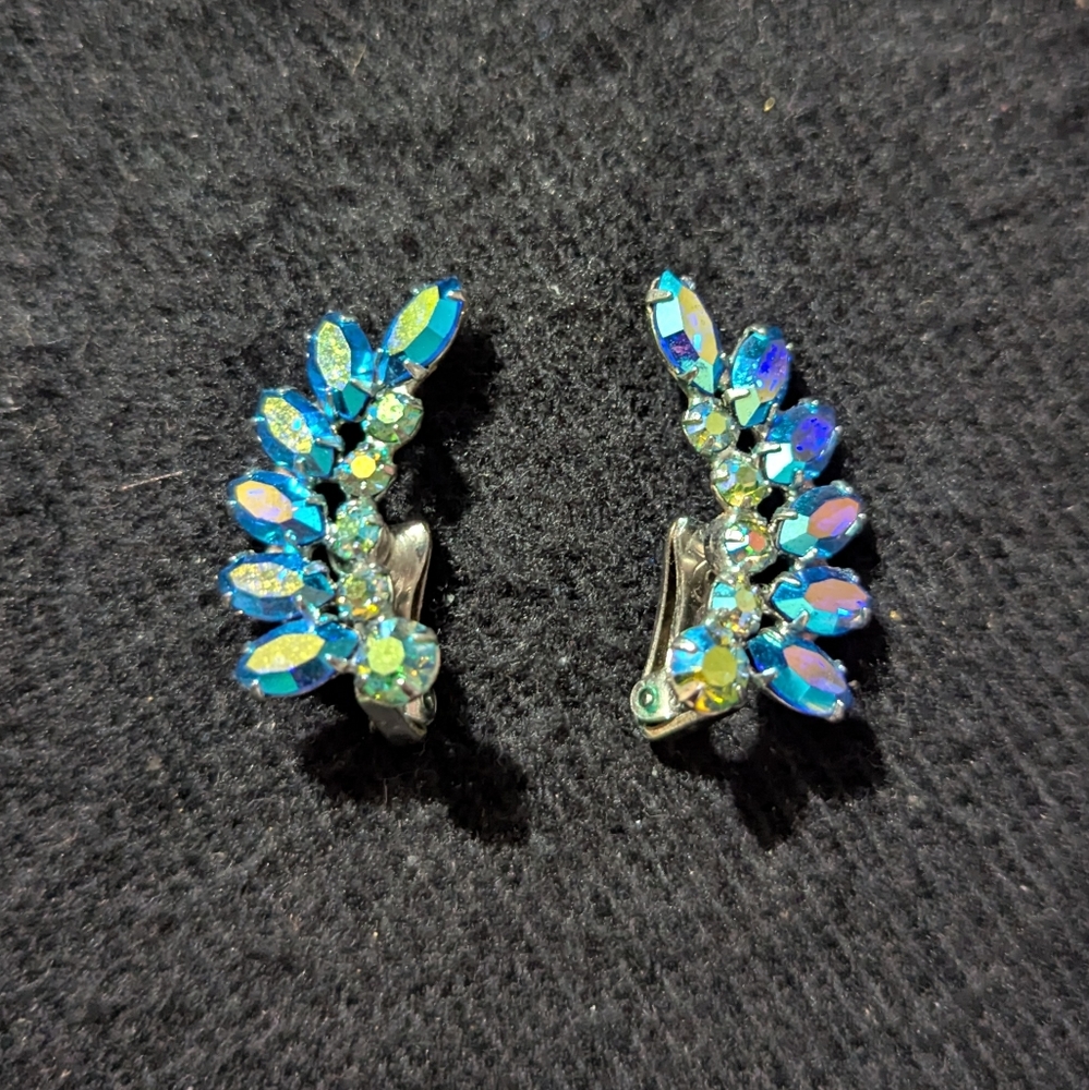Vintage B David Blue Rhinestone Feather Statement Clip On Earrings